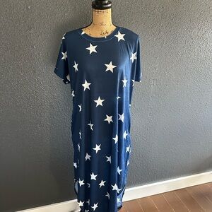 Navy Blue White Star Print Maxi Dress XL Casual Short Sleeve